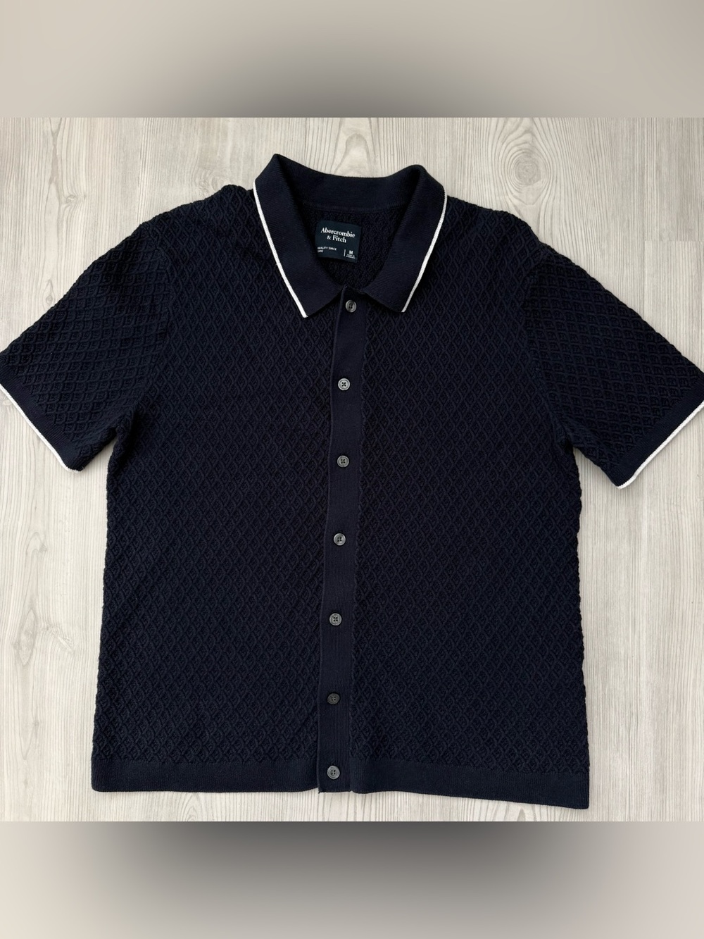 Abercrombie Diamond Stitch Button Through Sweater Polo Navy Blue Retro Medium